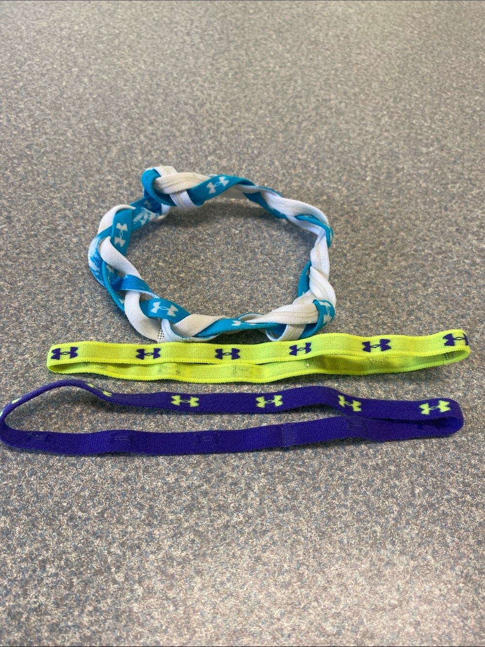 Under Armour Three Headbands in Teal & Teal Tye Dye & White -Neon Yellow-Purple